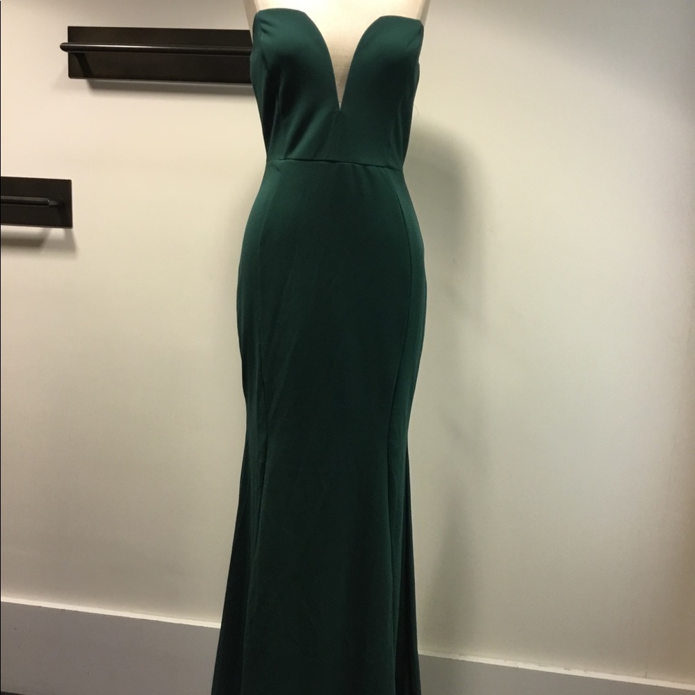 Hunter green strapless floor length dress